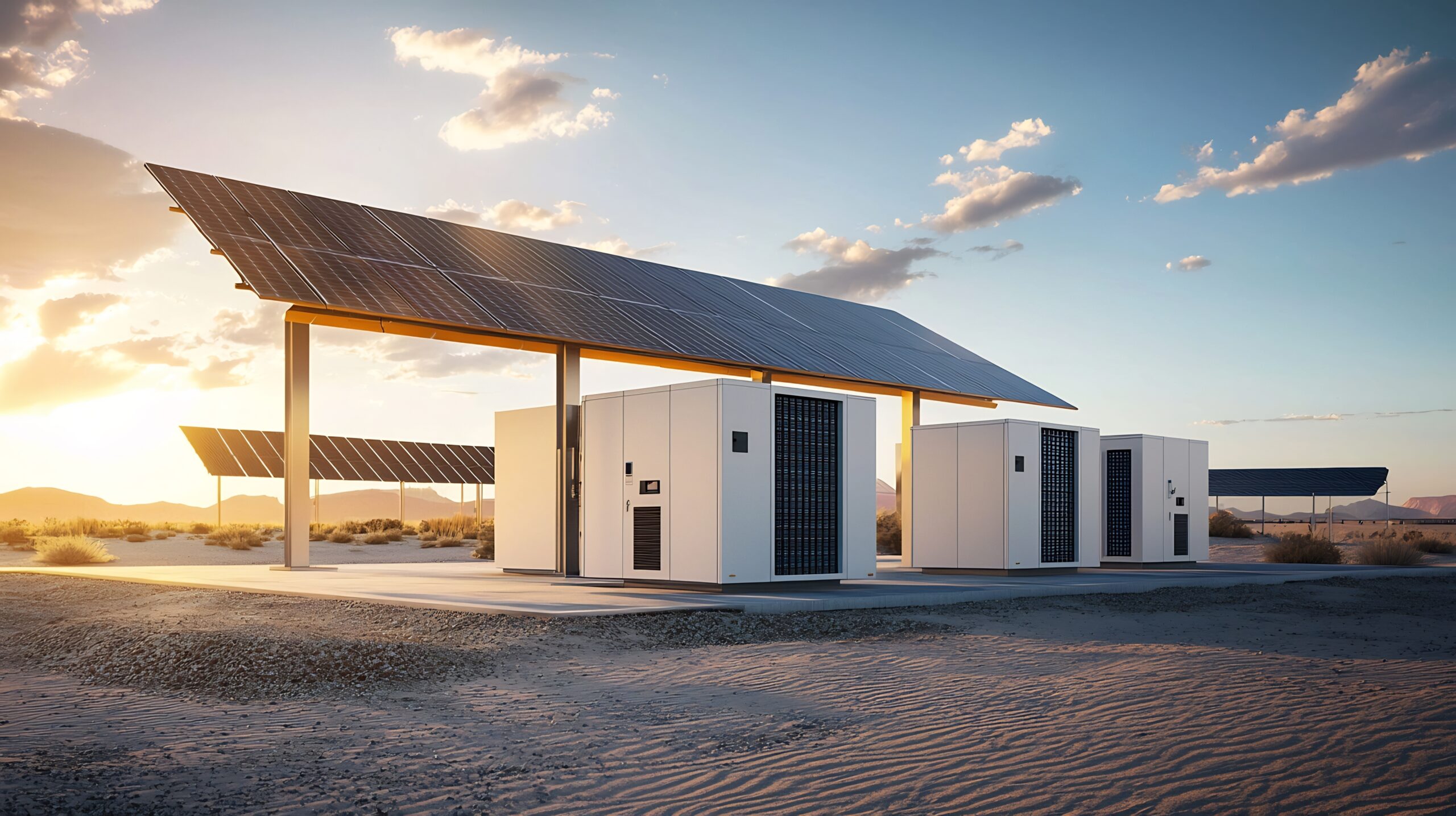 Expansive solar power plant situated in a desert landscape featuring an array of solar panels and a collection of battery storage containers positioned for efficient energy retention and distribution